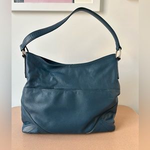 Sorial blue pebble leather satchel with nickel hardware